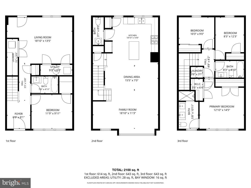 Three-story home floor plan with labeled rooms, dimensions, and a total area of 2,100 square feet.