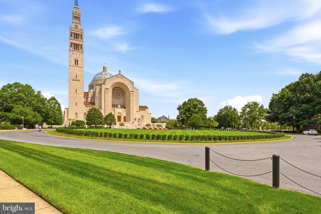 Basilica of the National Shrine of the Immaculate Conception, with its tall tower and domed church.