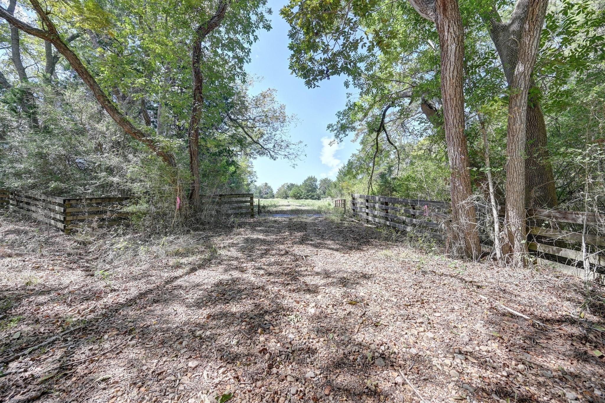 Rocky track through a wooded entrance, framed by wooden fences and mature trees.