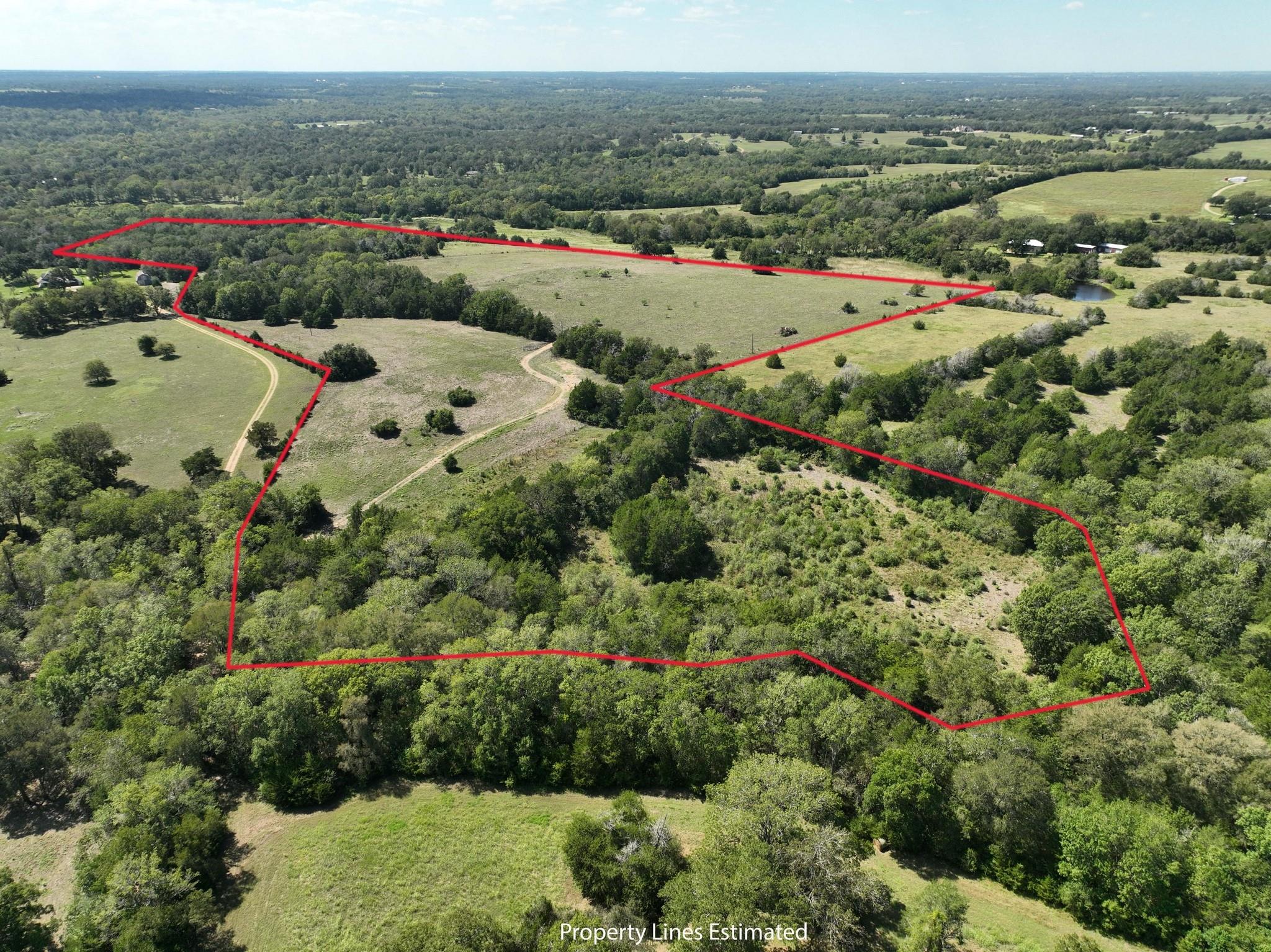 Aerial view of wooded and open acreage outlined in red, with winding dirt tracks.