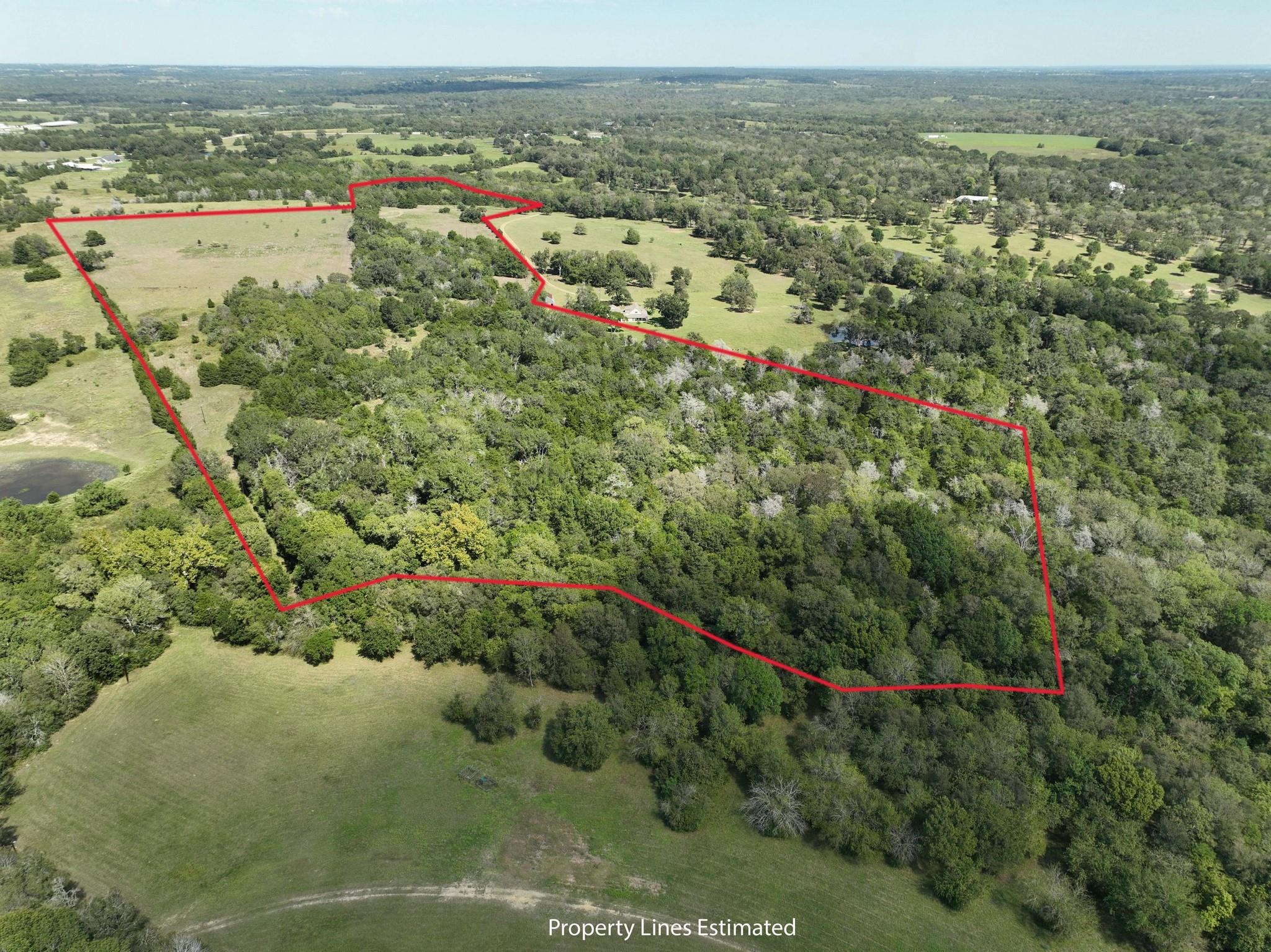 Aerial view of wooded acreage and pasture outlined by estimated red property boundaries.