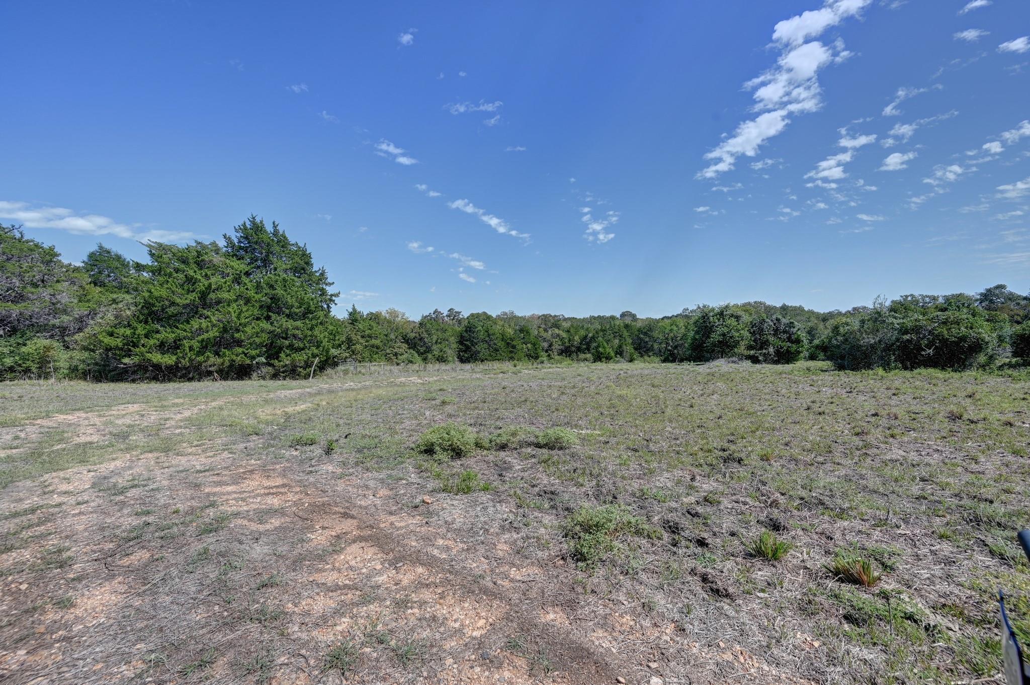 Open cleared land with sparse grass and bare soil, bordered by trees.