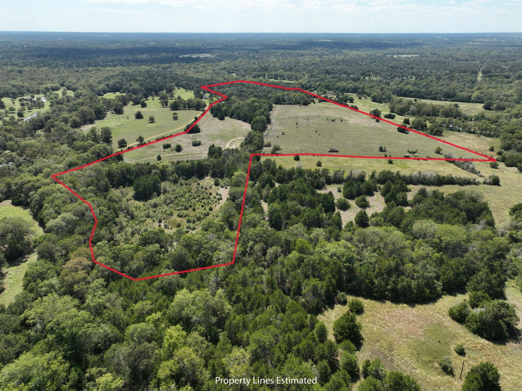 Aerial view of wooded acreage and pasture outlined by estimated property lines.