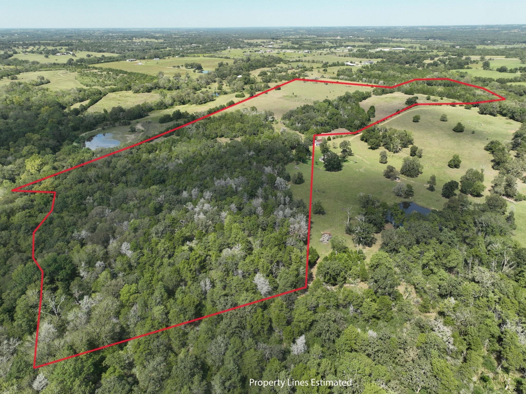 Aerial view of wooded acreage and pasture outlined by estimated red property lines, with ponds and scattered trees.