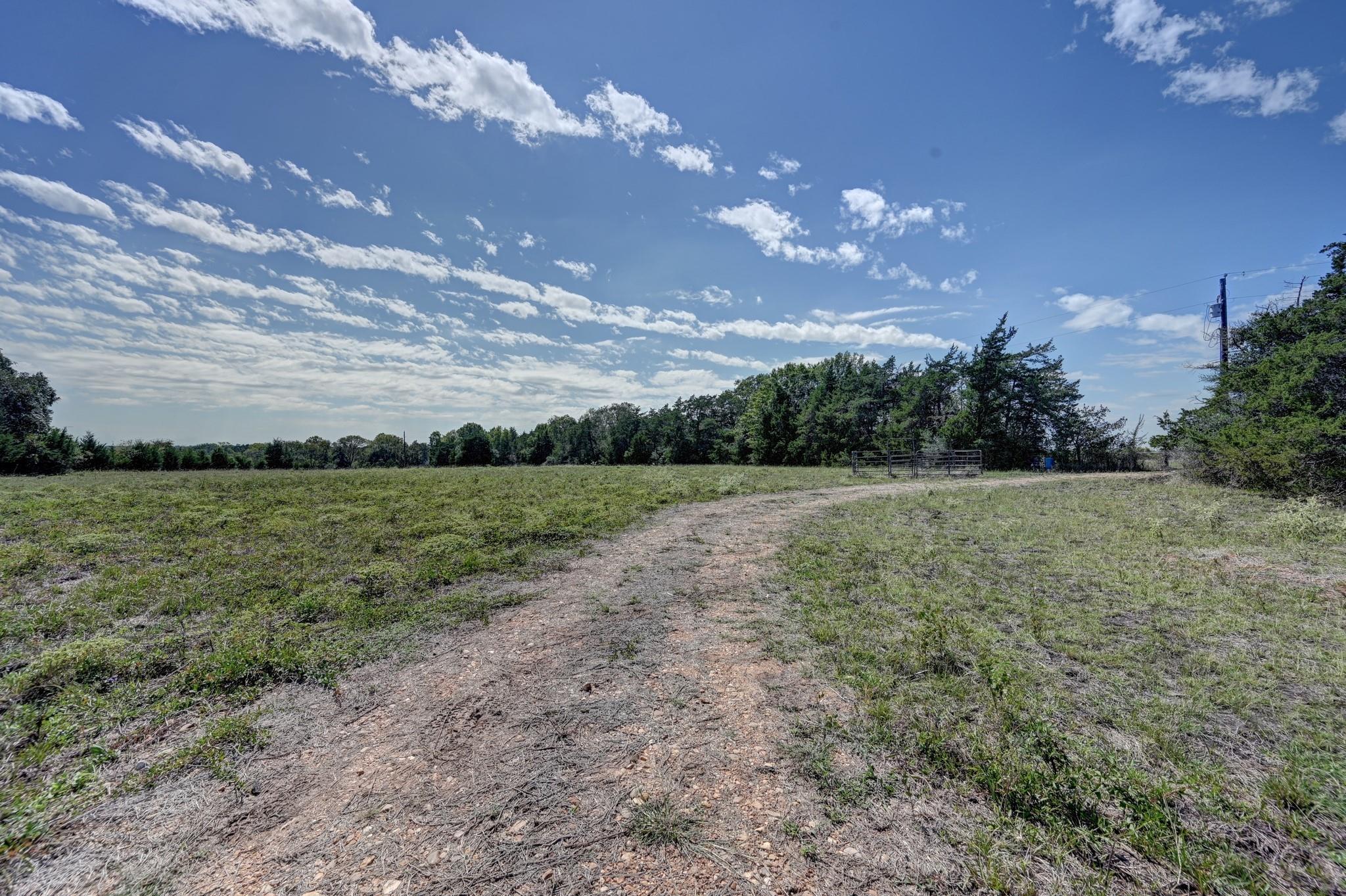 Open grassy acreage with a gravel track leading to a metal gate and tree line.