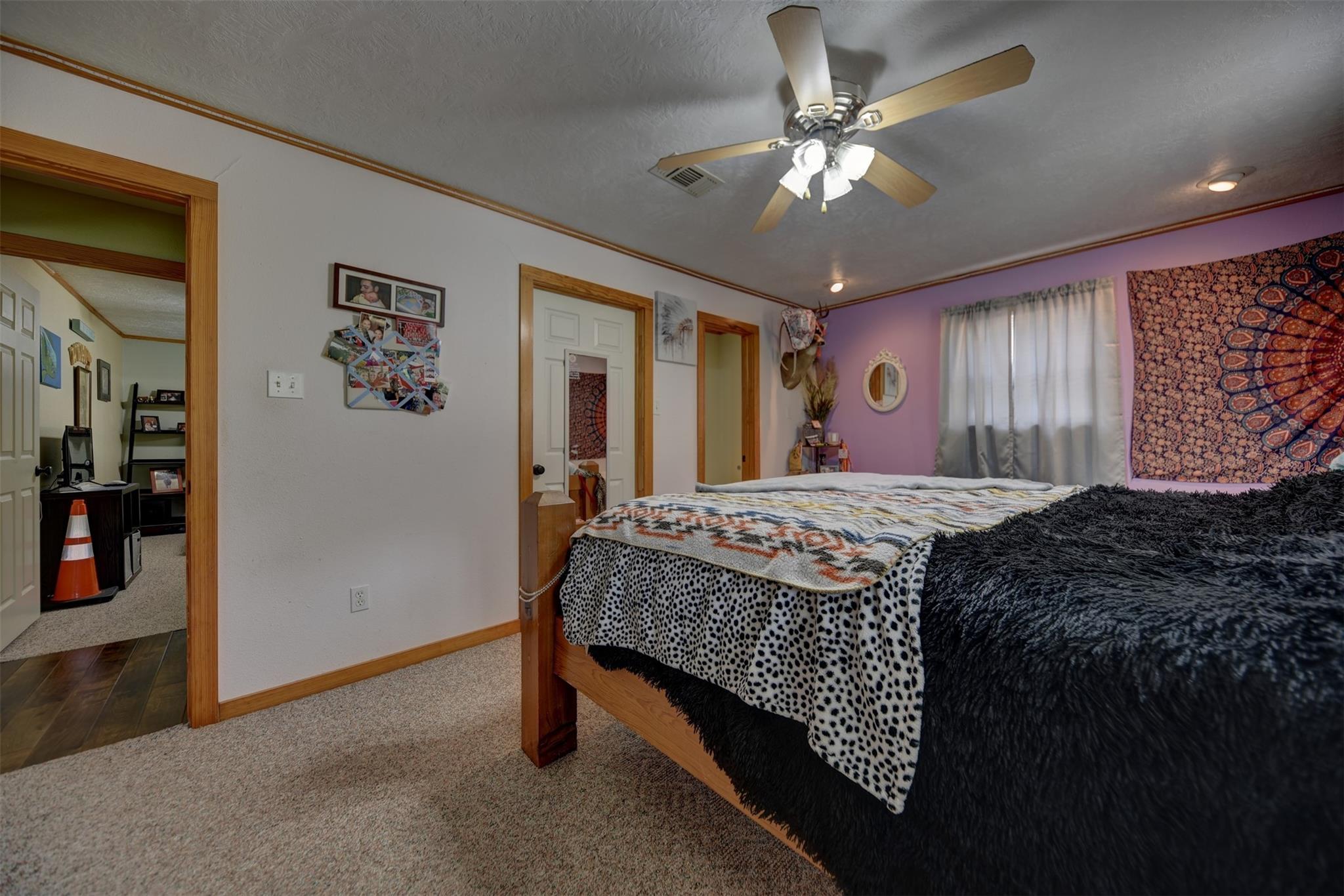 Furnished bedroom with a large patterned bed, purple accent wall, tapestry, and ceiling fan.