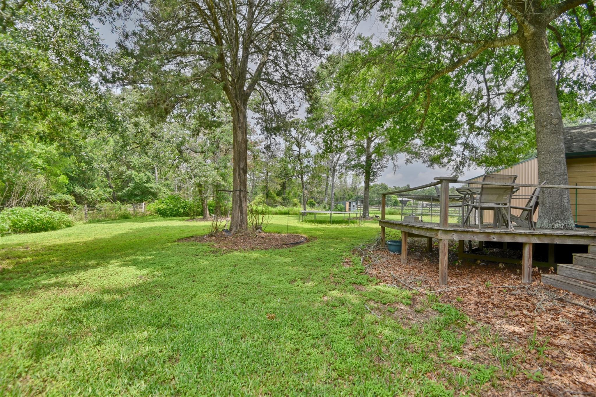 Tree-shaded backyard with a broad lawn and raised wooden deck with outdoor seating.