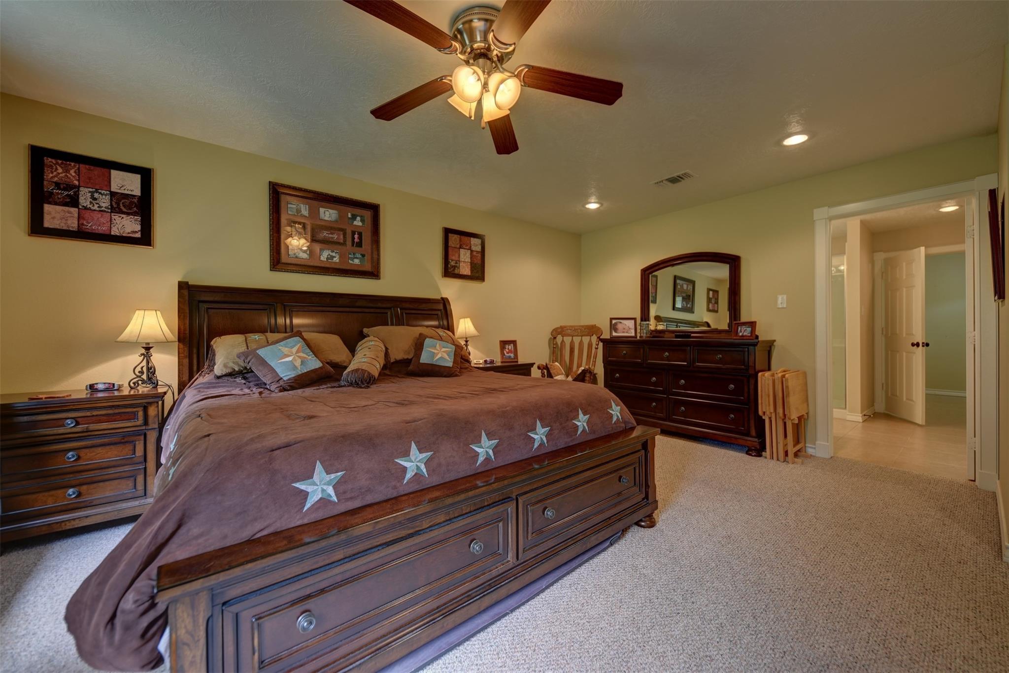Furnished bedroom with a dark wood bed, brown star-patterned quilt, matching dressers, and beige carpet.