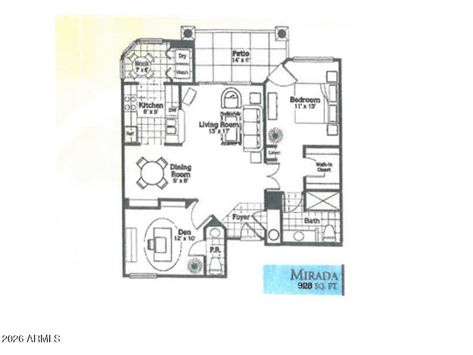 Mirada 928-square-foot floor plan with one bedroom, den, and patio.