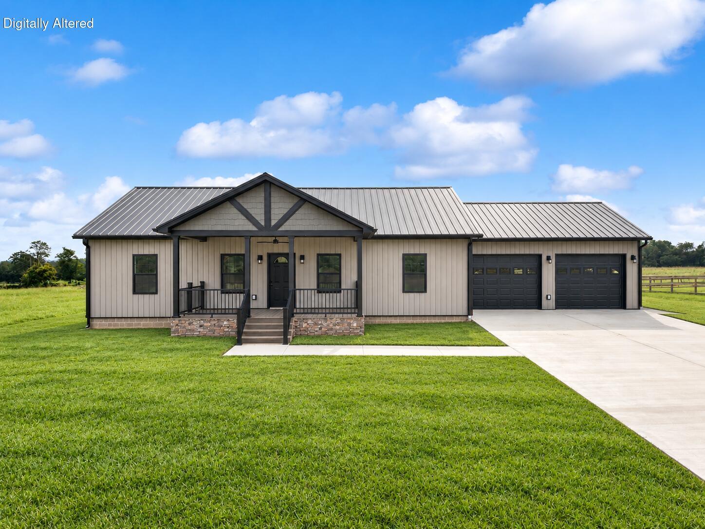 Single-story beige home with a covered porch, dark metal roof, and attached two-car garage.