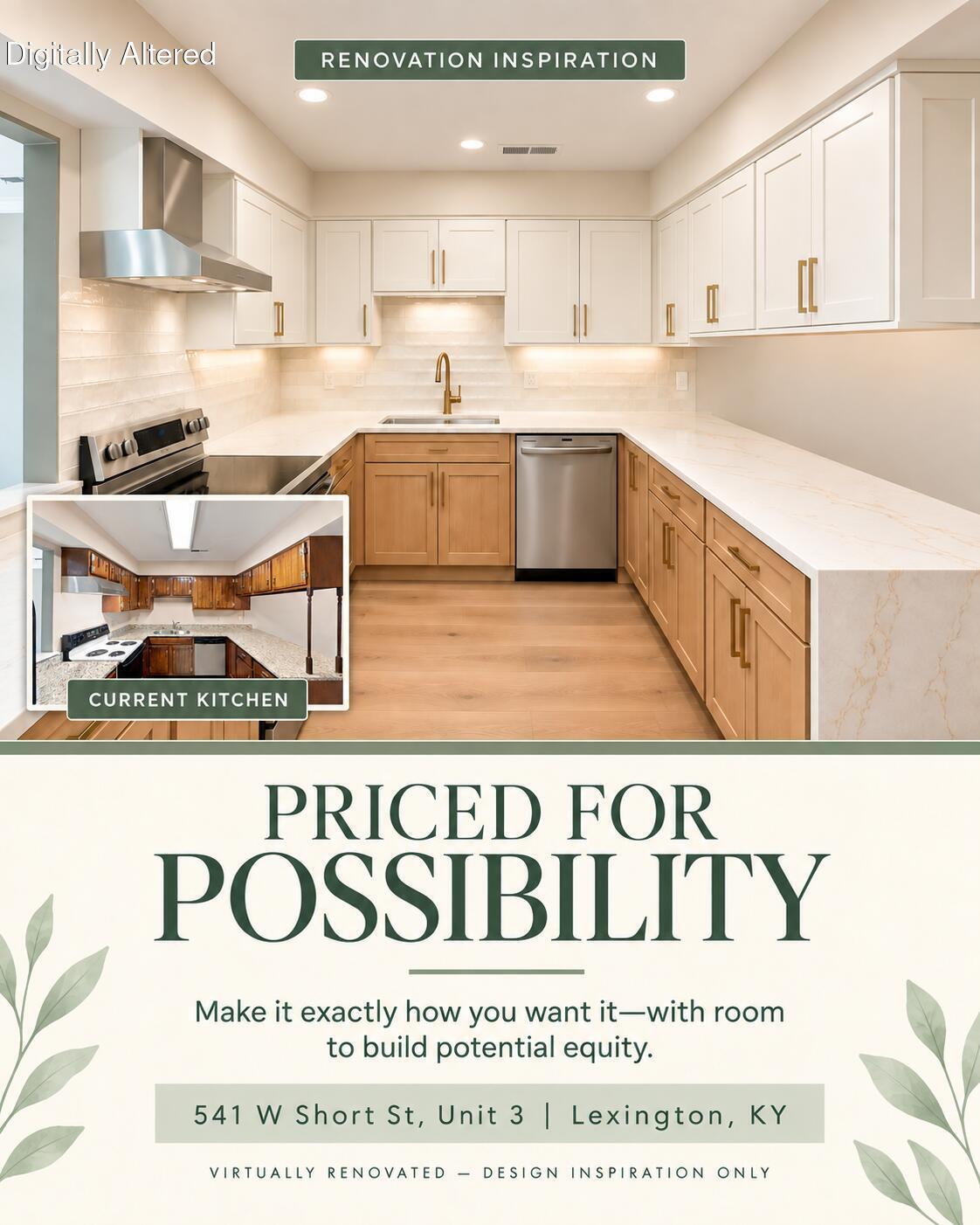 541 W Short St, Unit 3 promotional graphic showing a virtually renovated kitchen beside the current kitchen, with renovation inspiration messaging.