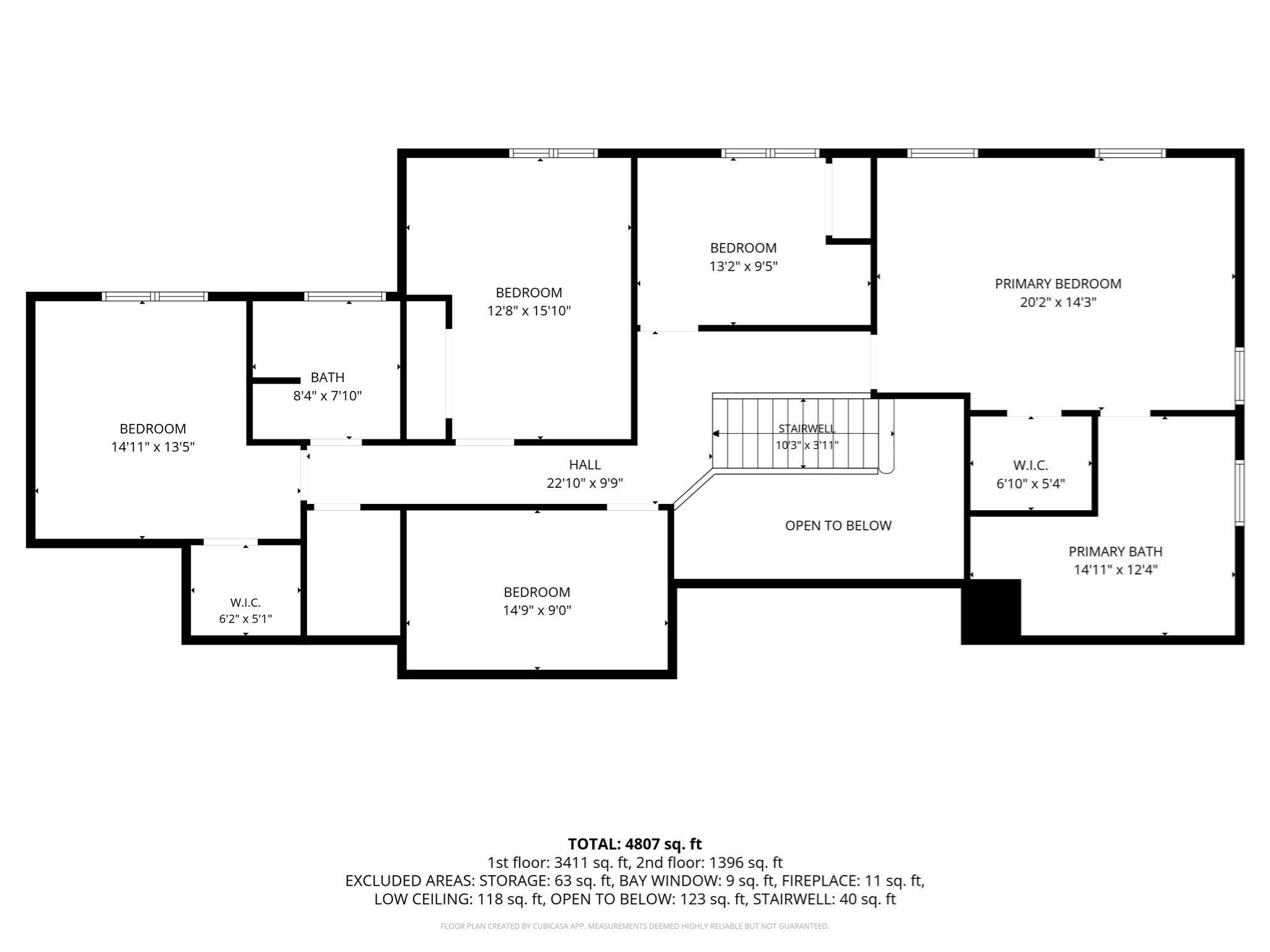 Floor plan showing bedrooms, bathrooms, closets, stairwell, and room dimensions; total area is 4,807 square feet.