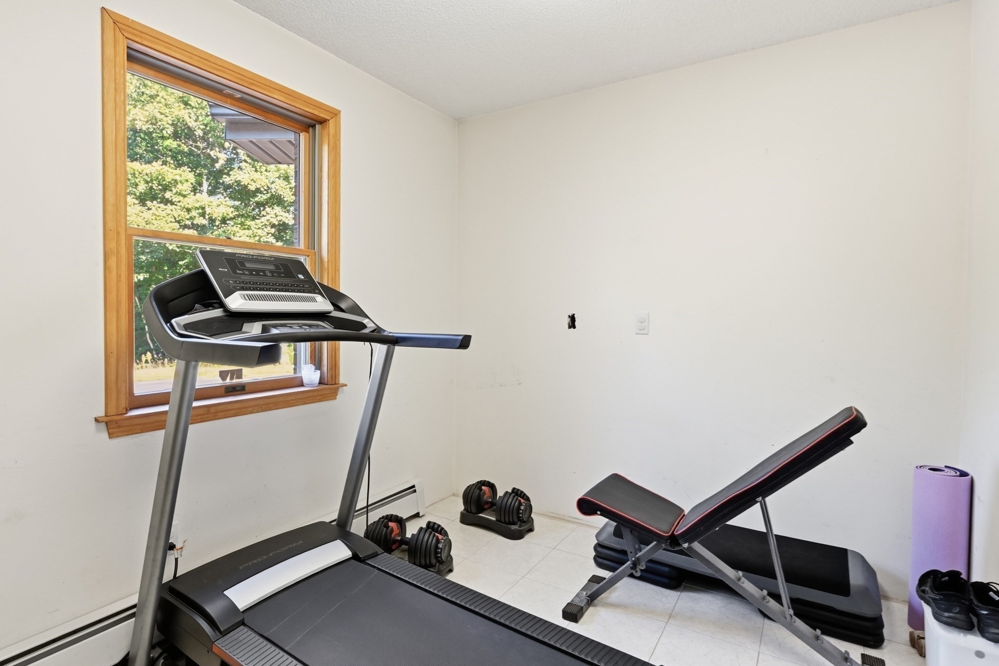 Home gym with a treadmill, adjustable dumbbells, workout bench, and large wood-trimmed window.