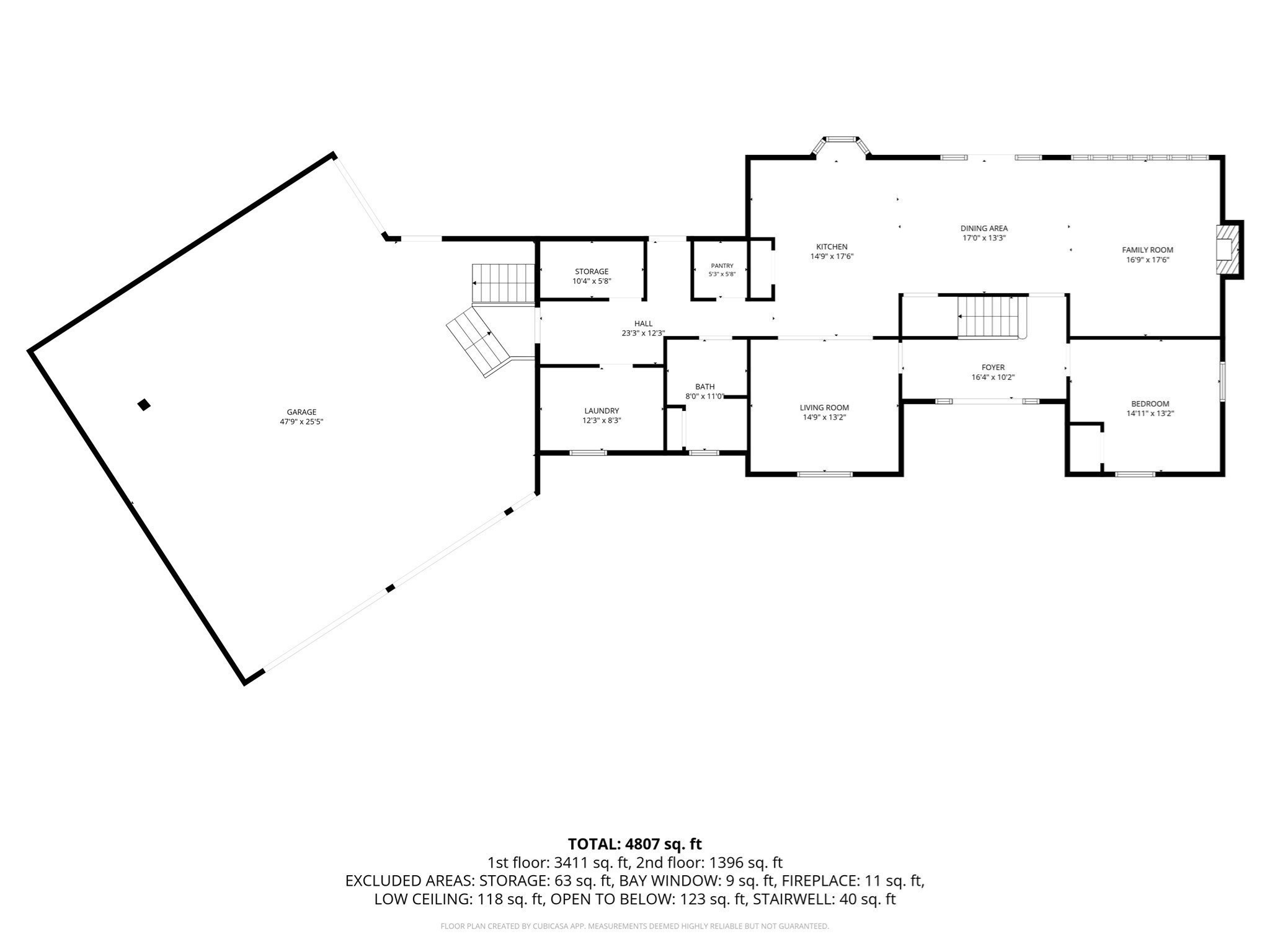 Floor plan showing a large garage, kitchen, dining and family rooms, living room, bedroom, and room dimensions.