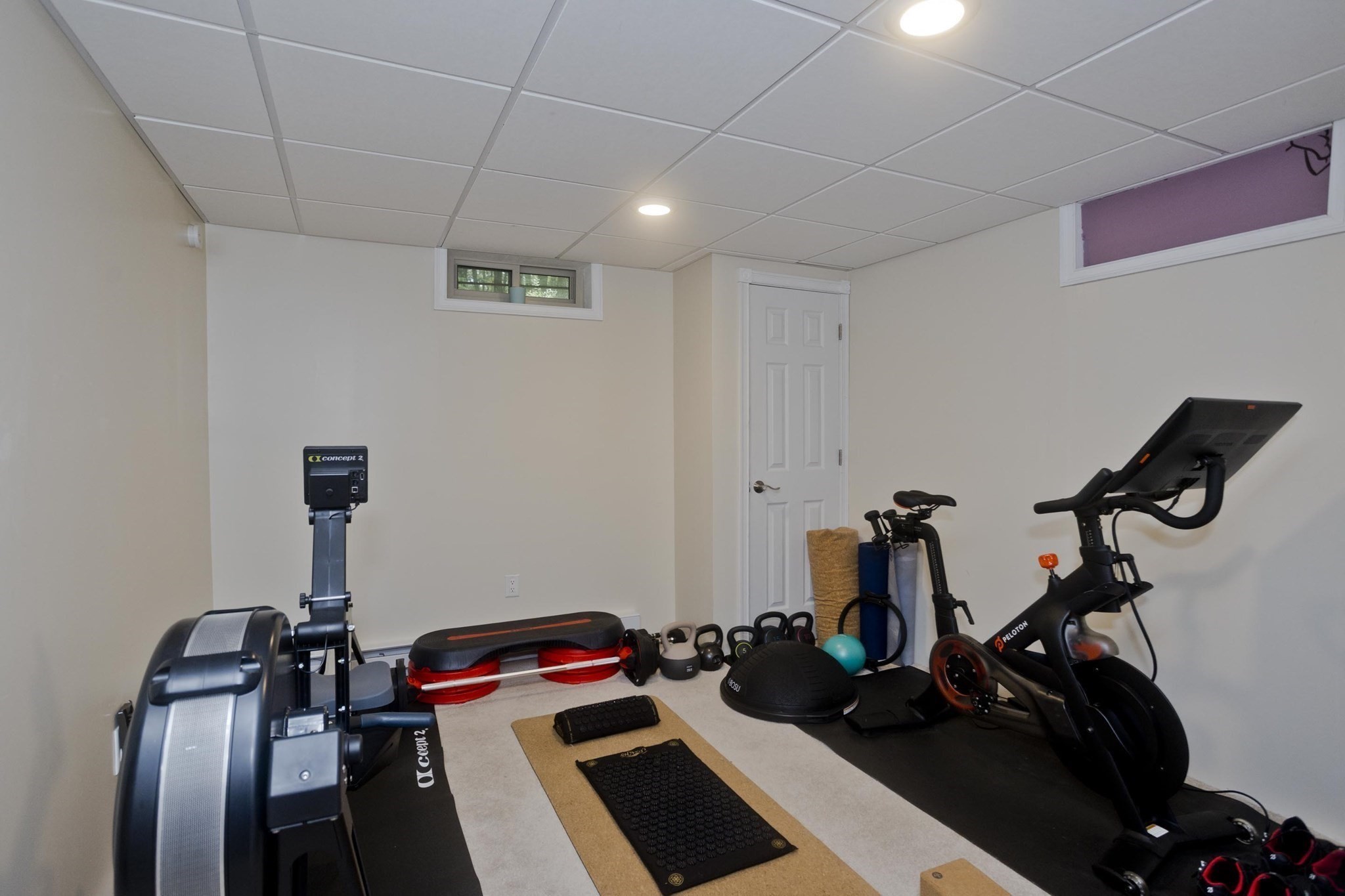 Basement home gym with a rowing machine, Peloton bike, kettlebells, and workout mats.