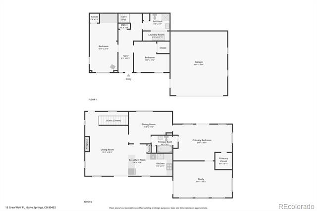 Two-story floor plan showing bedrooms, living and dining rooms, kitchen, study, and attached garage.