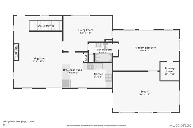 Second-floor plan with living and dining rooms, kitchen, primary suite, and study.