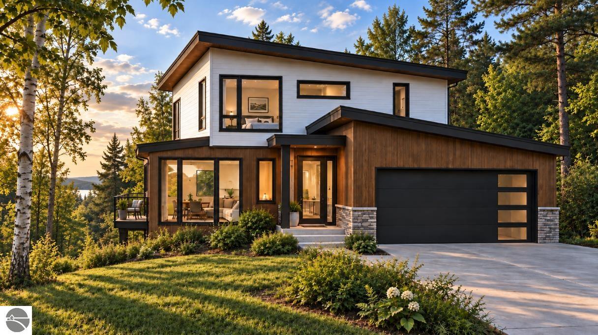 Modern two-story home with wood siding, attached garage, wooded surroundings, and a glimpse of water.
