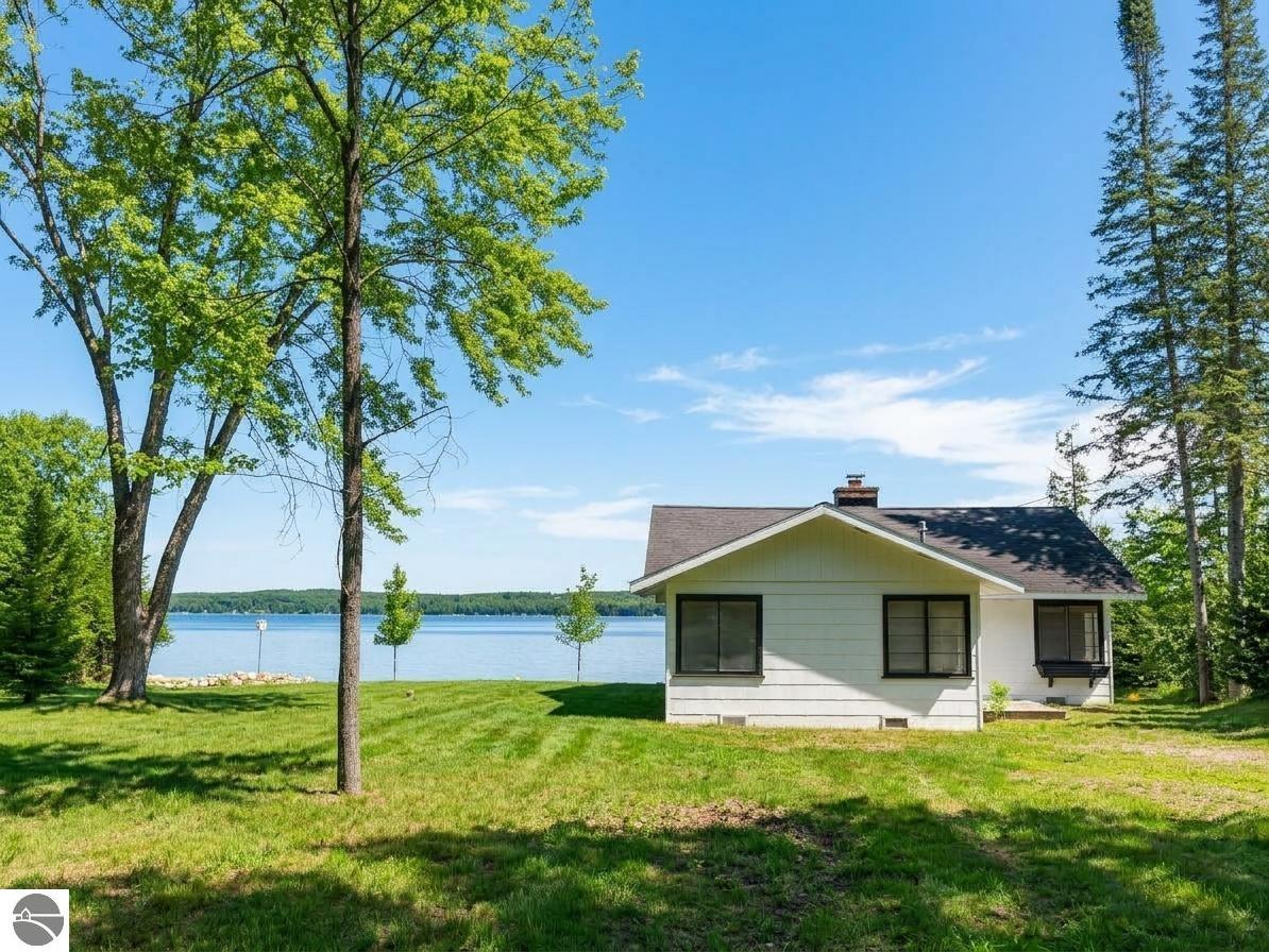 White lakeside cottage framed by trees, with a broad green lawn and calm water beyond.