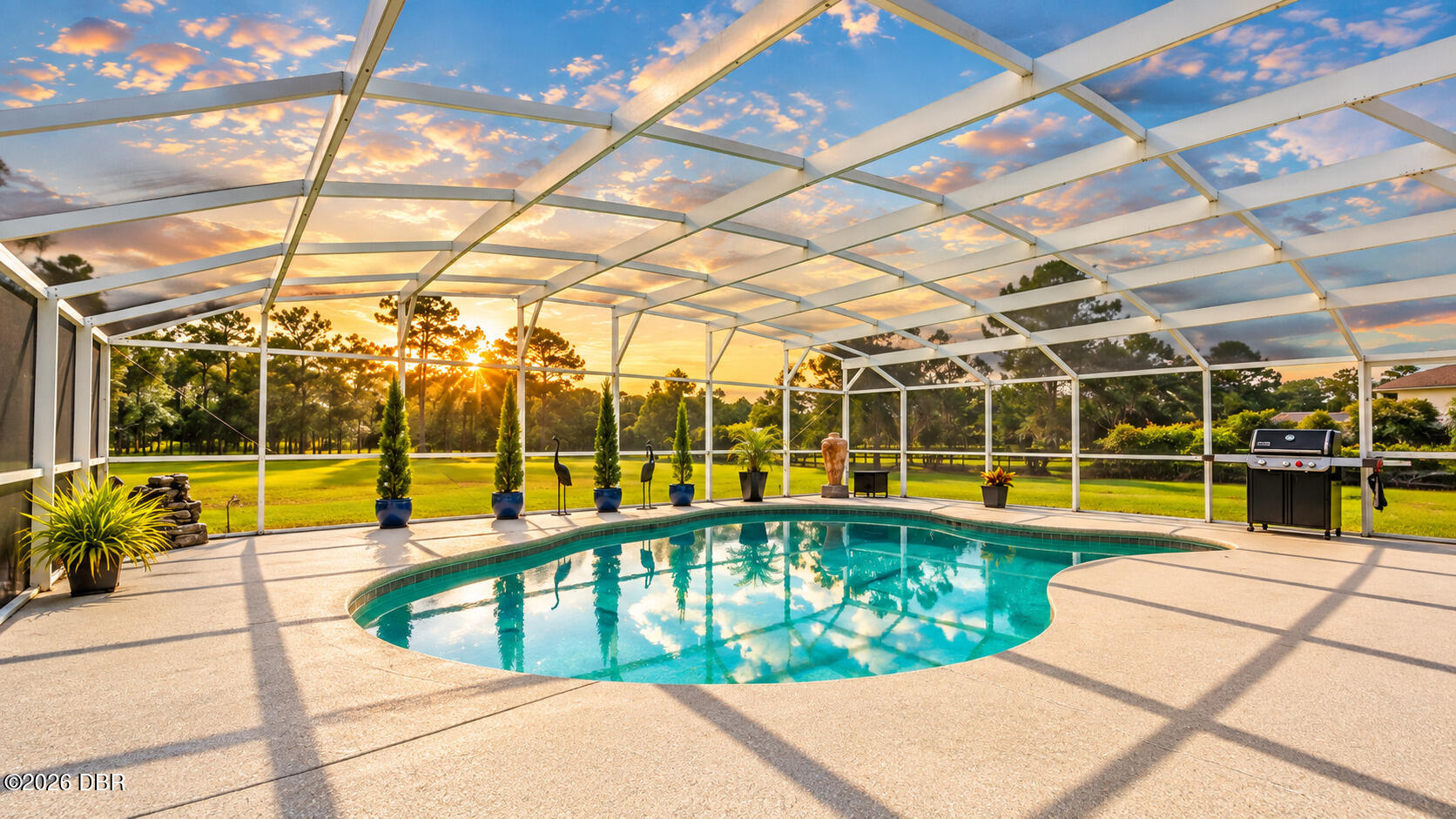 Screened-in swimming pool with a paved deck, barbecue grill, and sunset beyond the lawn.