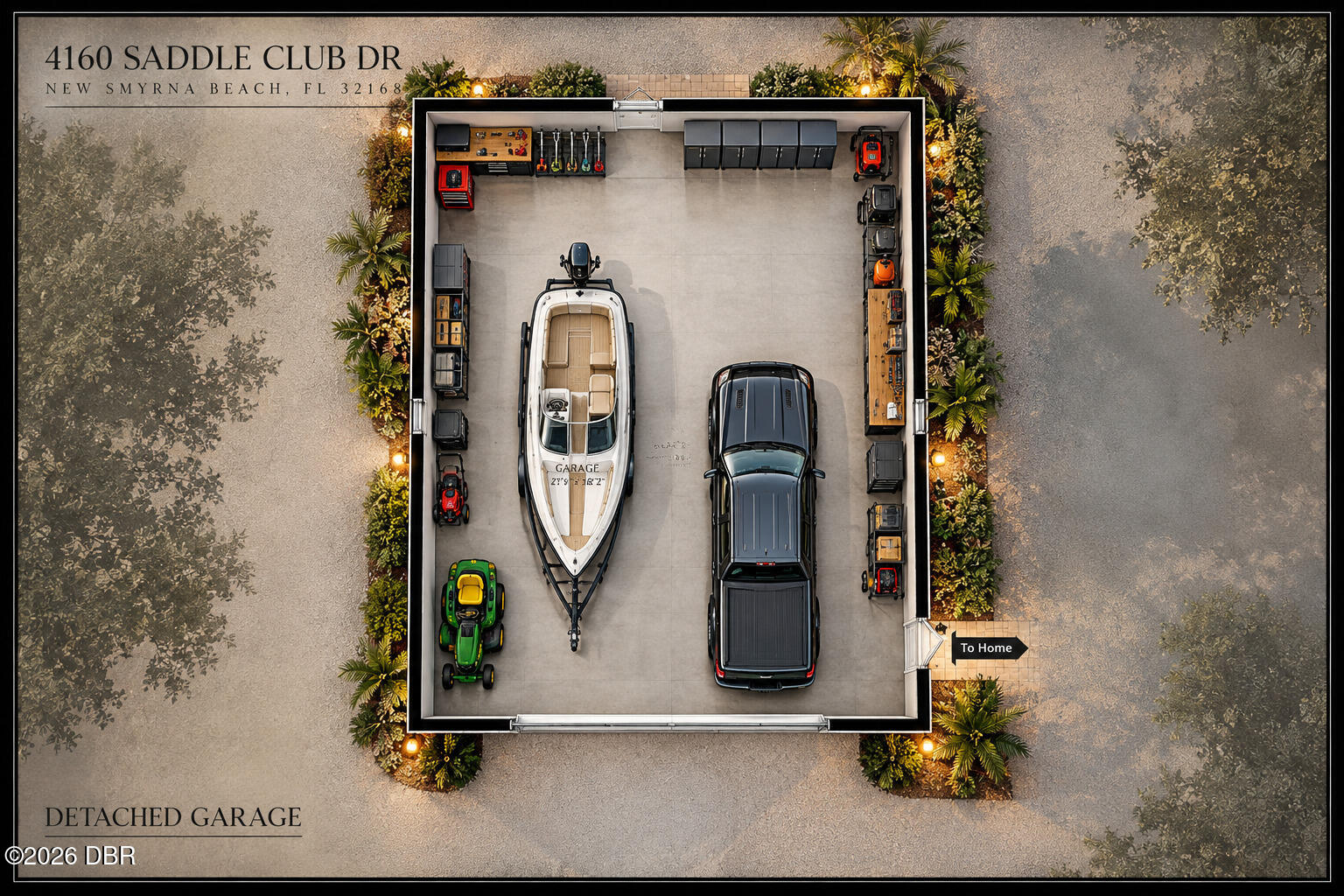 Detached garage with a boat, SUV, riding mower, and wall storage, shown from above.
