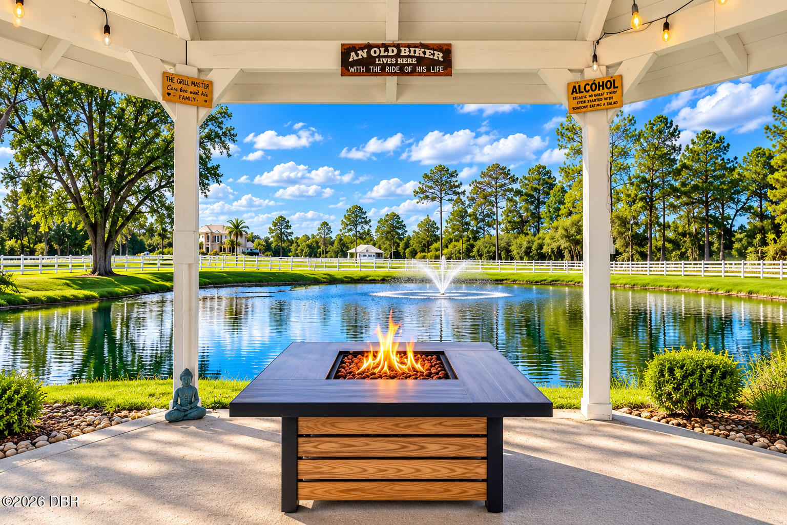 Covered patio with a fire pit table overlooking a pond and fountain.