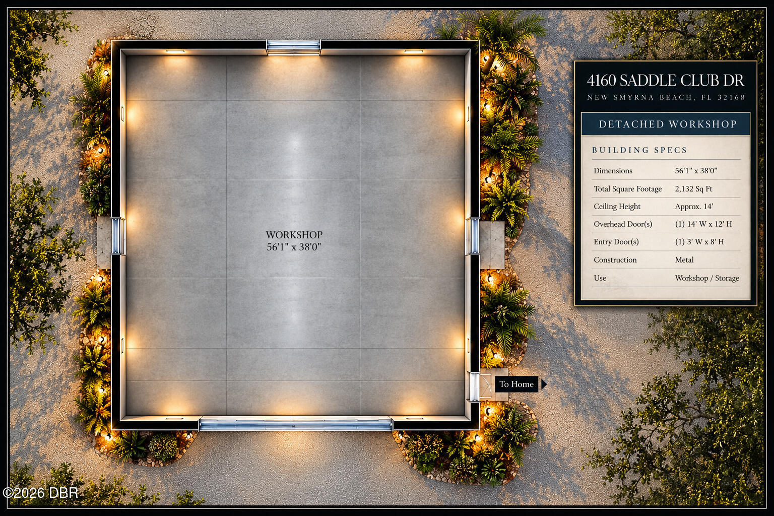 Aerial-style workshop plan with landscaped surroundings and a panel listing building dimensions and specifications.