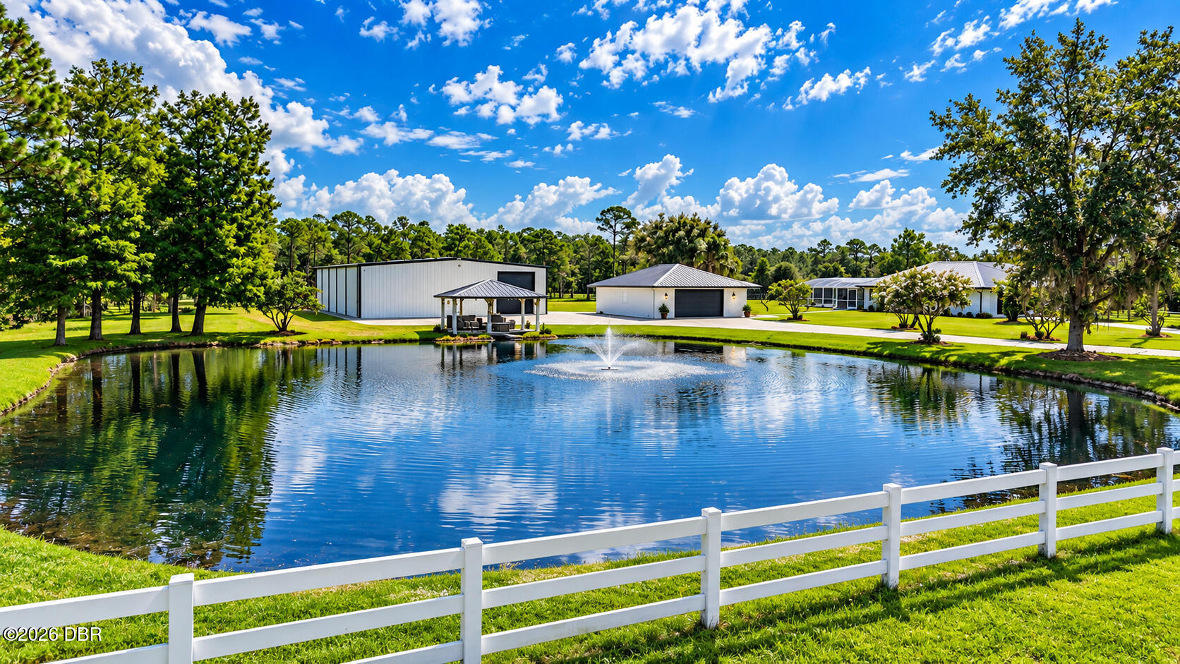 Landscaped property pond with fountain, white rail fence, gazebo, and metal outbuildings.