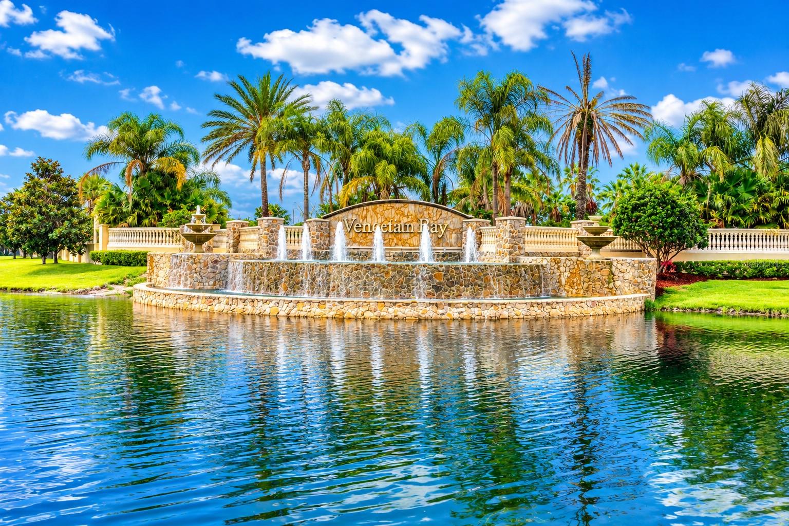 Venetian Bay community entrance with a stone fountain monument beside a reflective pond and palm trees.