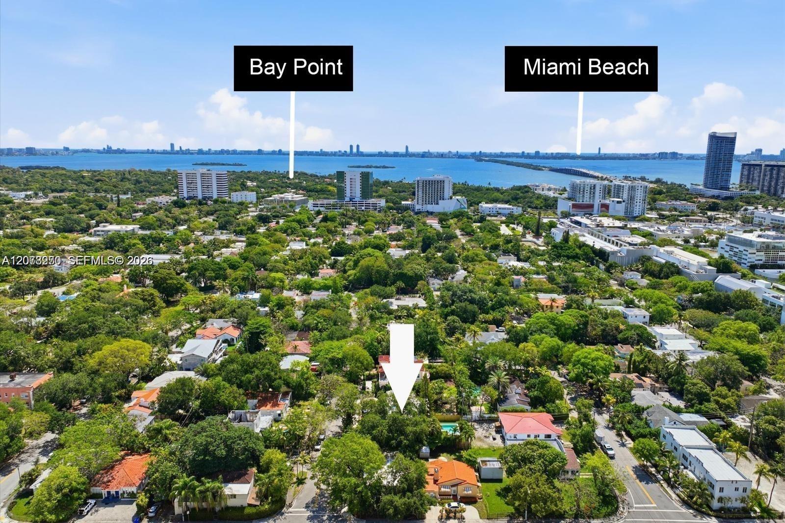 Aerial view marking the property location, with Biscayne Bay and Miami Beach in the distance.