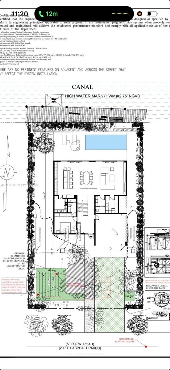Site and floor plan showing a proposed home, backyard pool, canal frontage, landscaped lot, and road.