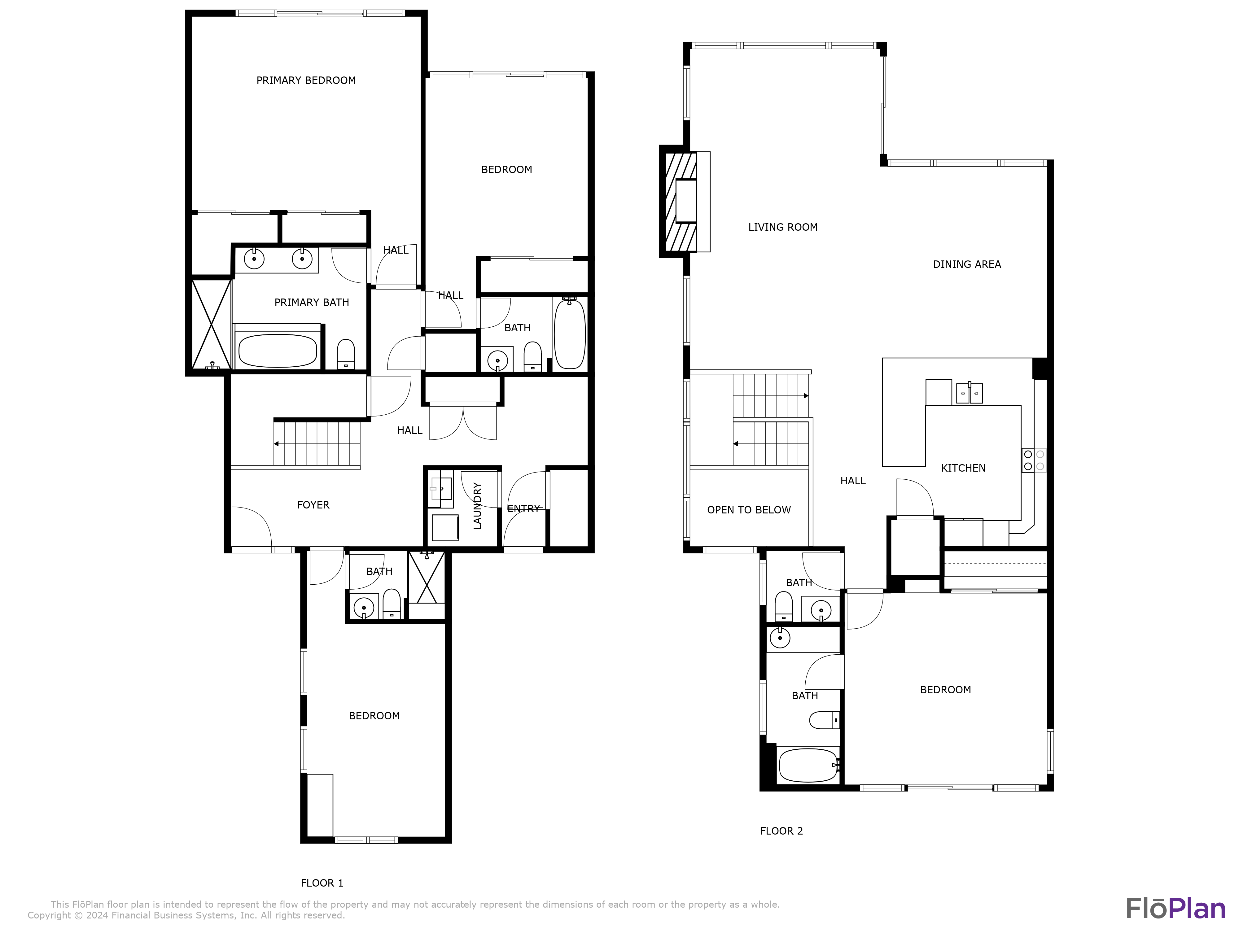 Two-floor home floor plan showing bedrooms, bathrooms, a kitchen, living and dining areas, and stairs.