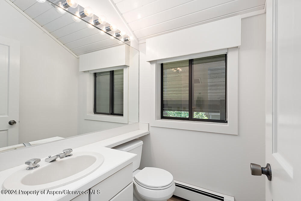 Bathroom with a white vanity and toilet beneath two dark-framed windows.