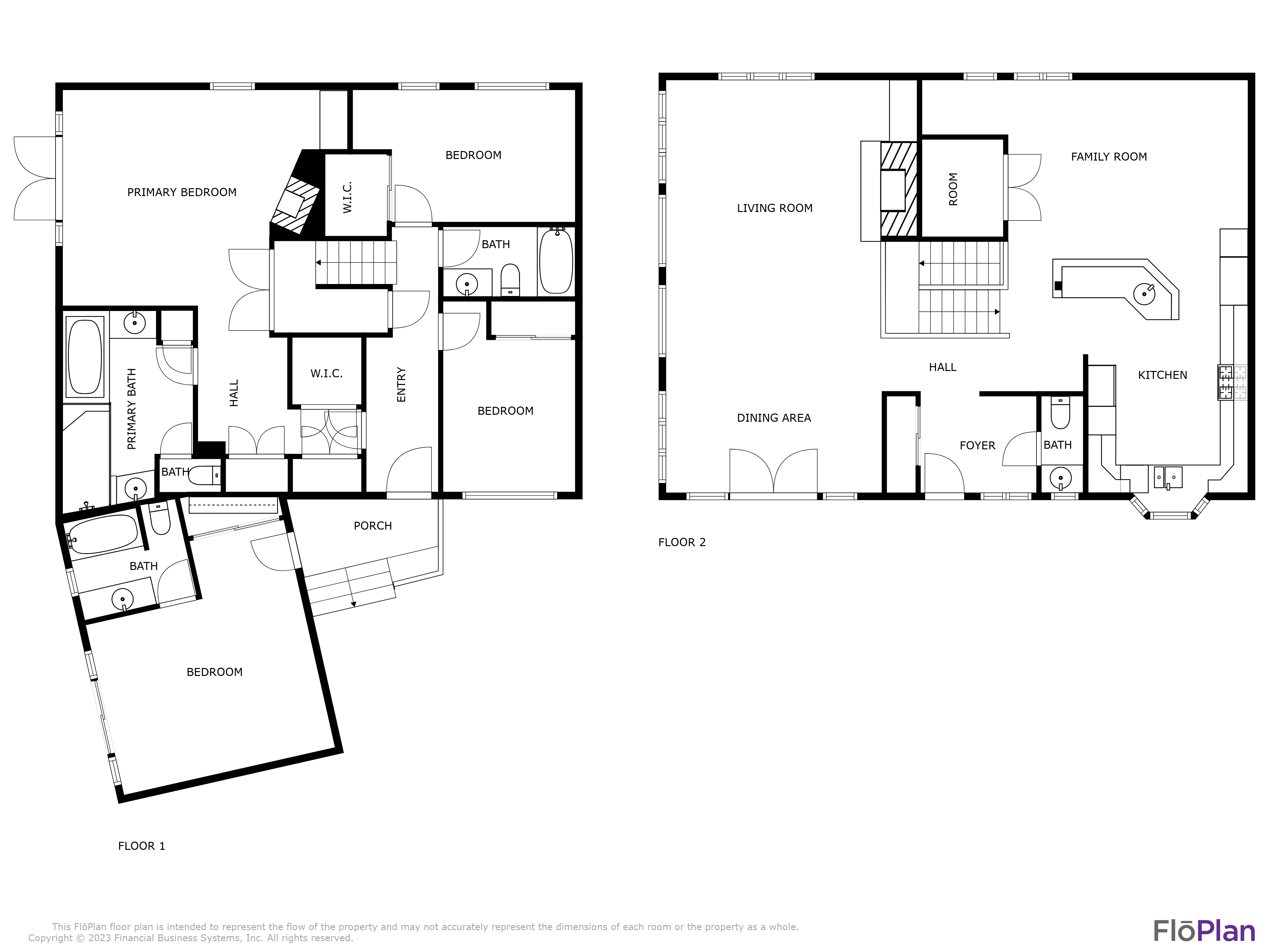 Two-level floor plan with bedrooms, bathrooms, living and family rooms, kitchen, dining area, and porch.