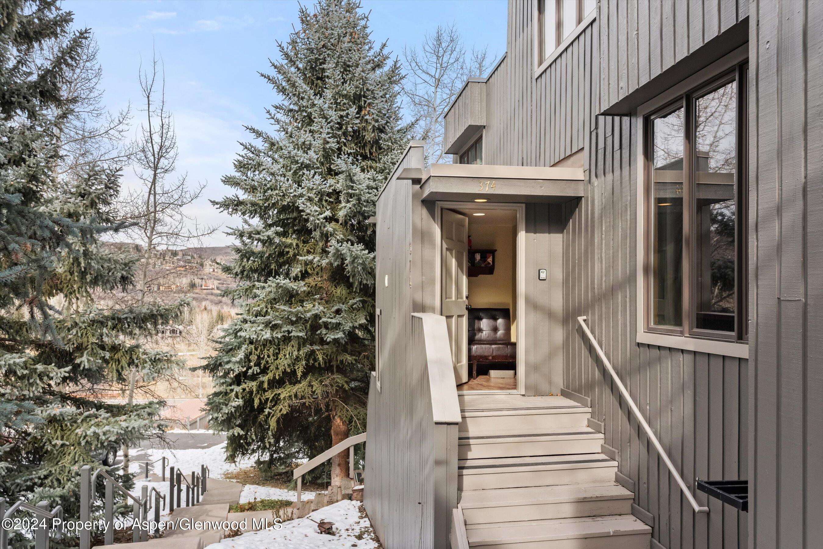 Mountain home entrance with steps, evergreen trees, patches of snow, and the number 314 above the doorway.