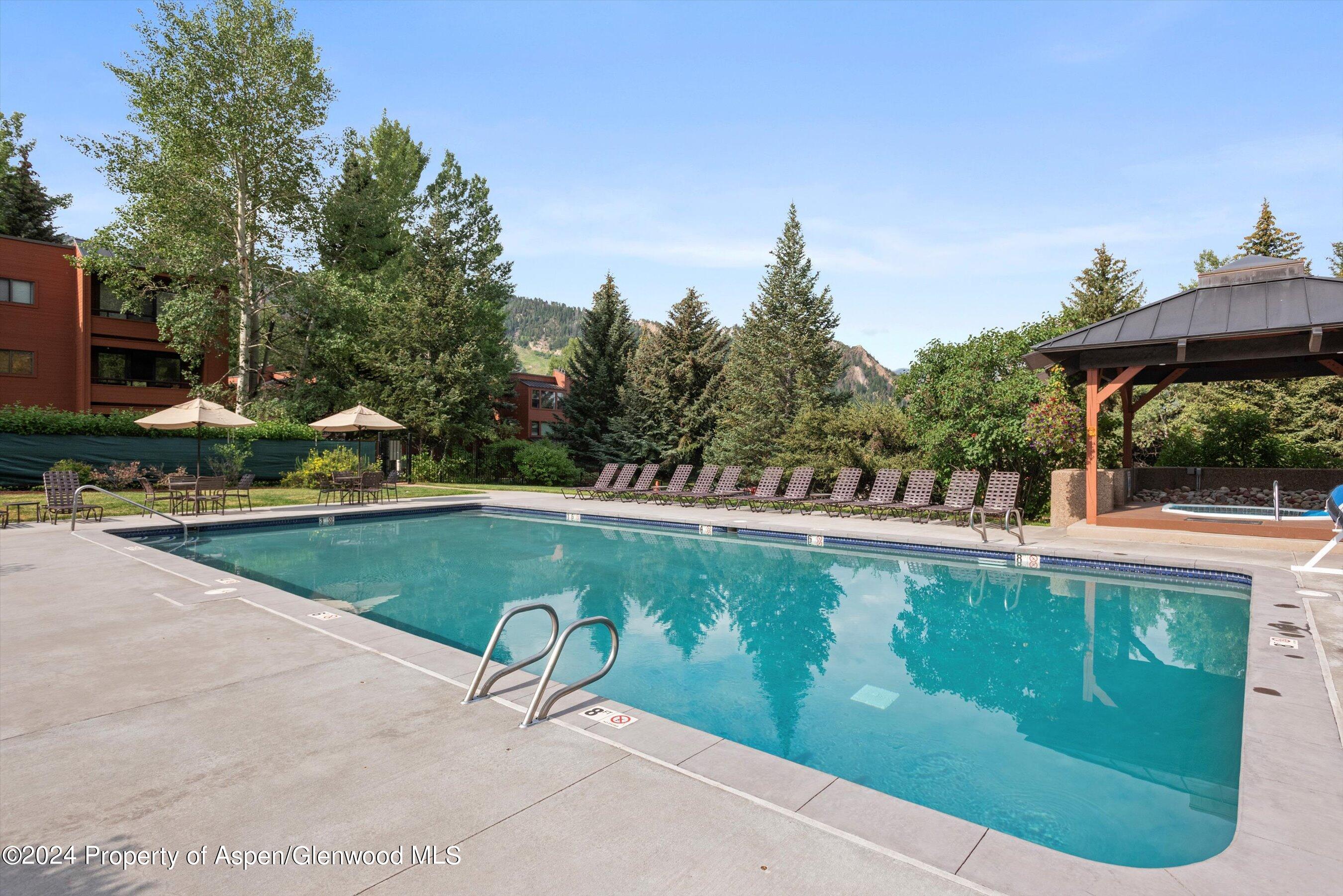 Outdoor pool with lounge chairs and a covered hot tub, backed by trees and mountains.