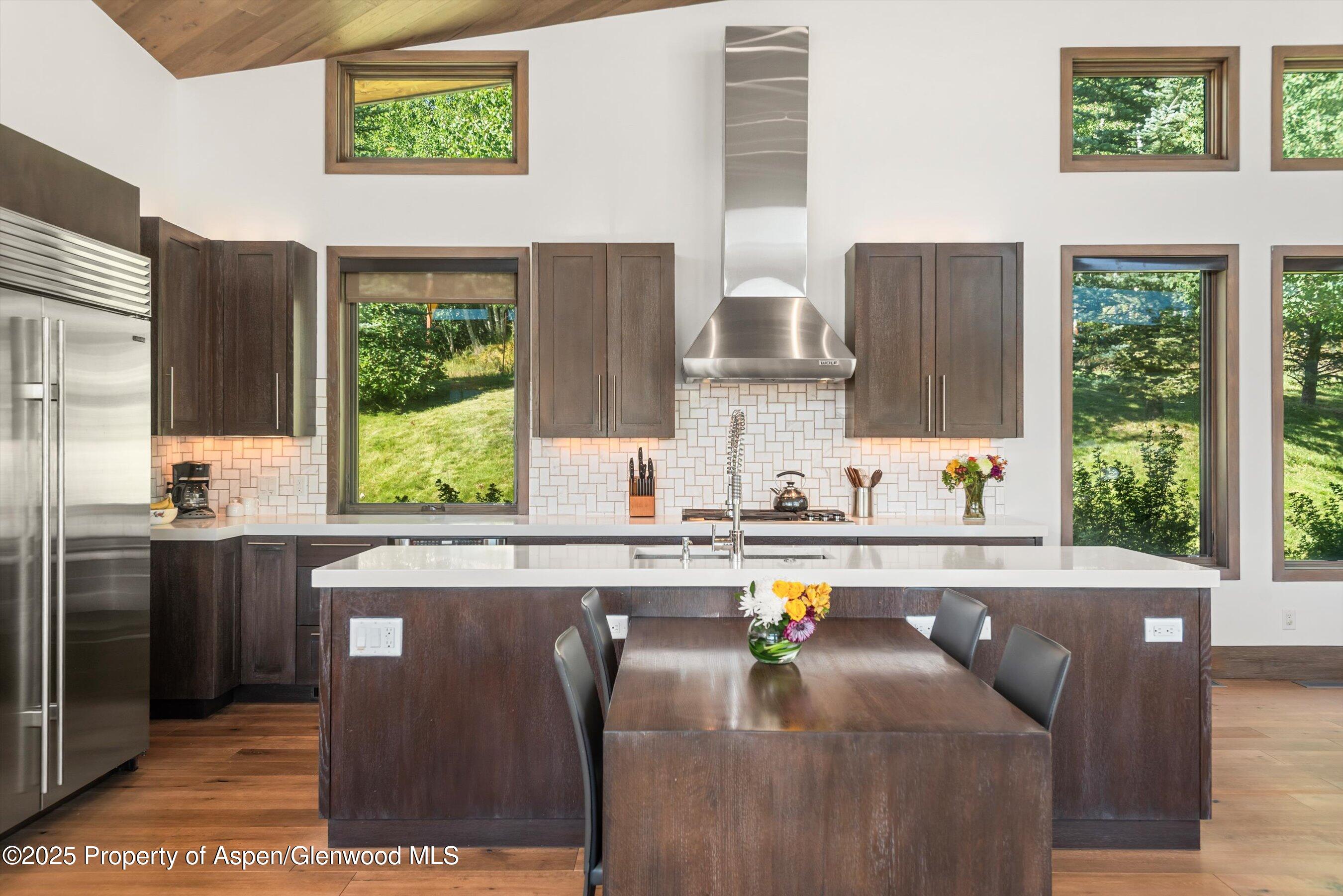 Kitchen with dark wood cabinets, a large island, stainless steel appliances, and windows overlooking greenery.