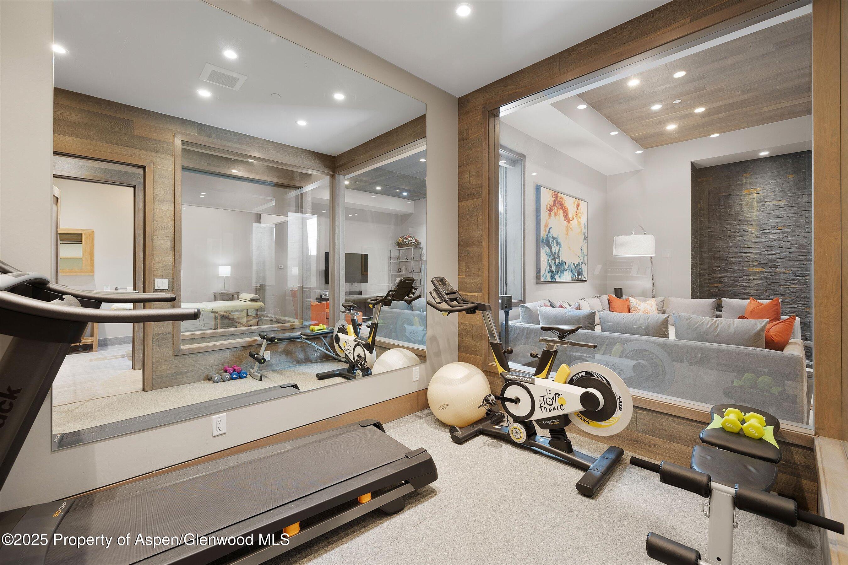 Home gym with treadmills and stationary bikes beside a glass-enclosed sitting area.