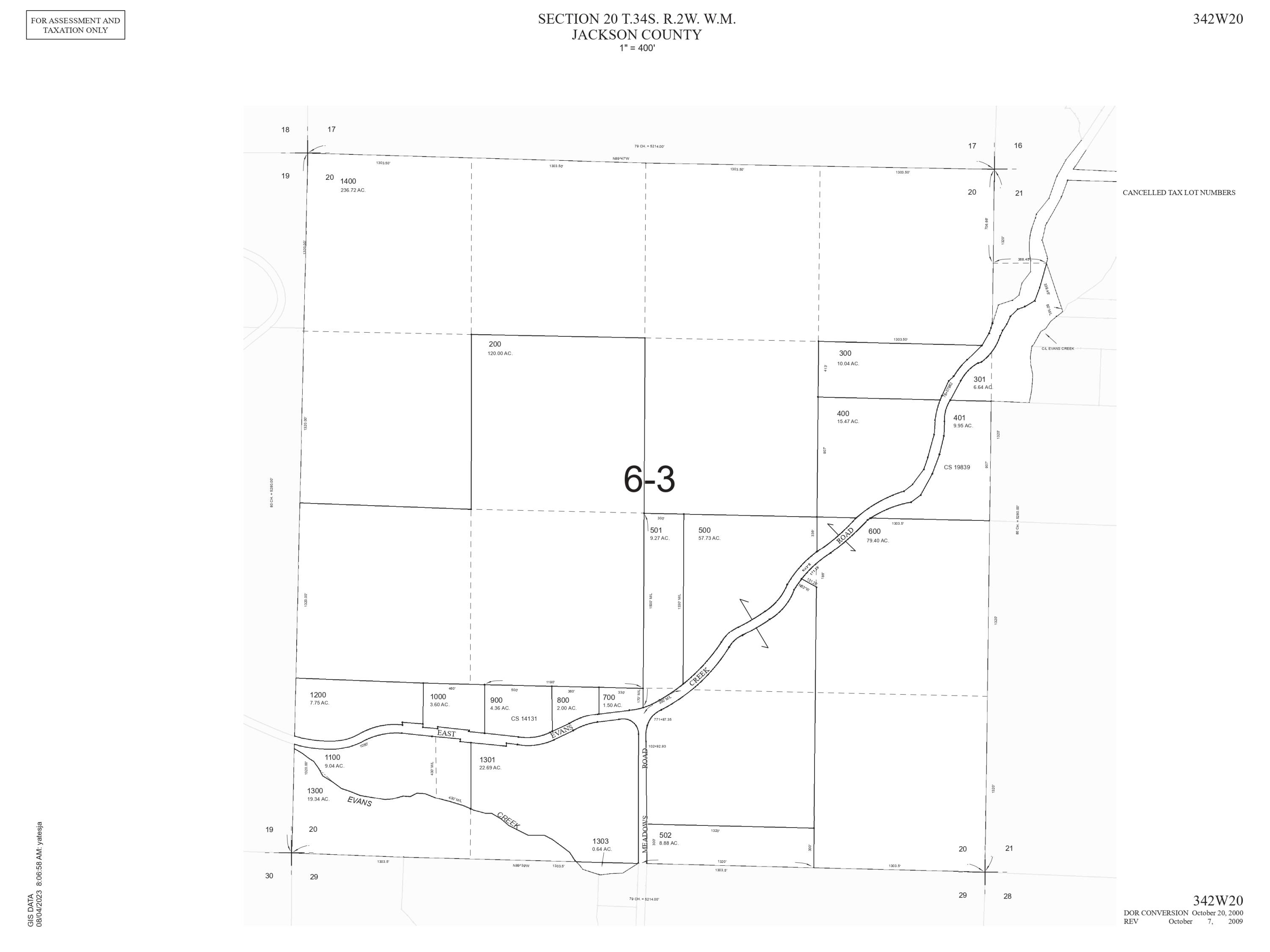 Jackson County tax-lot map showing parcel boundaries, acreage, Evans Creek, Evans Creek Road, and Meadows Road.