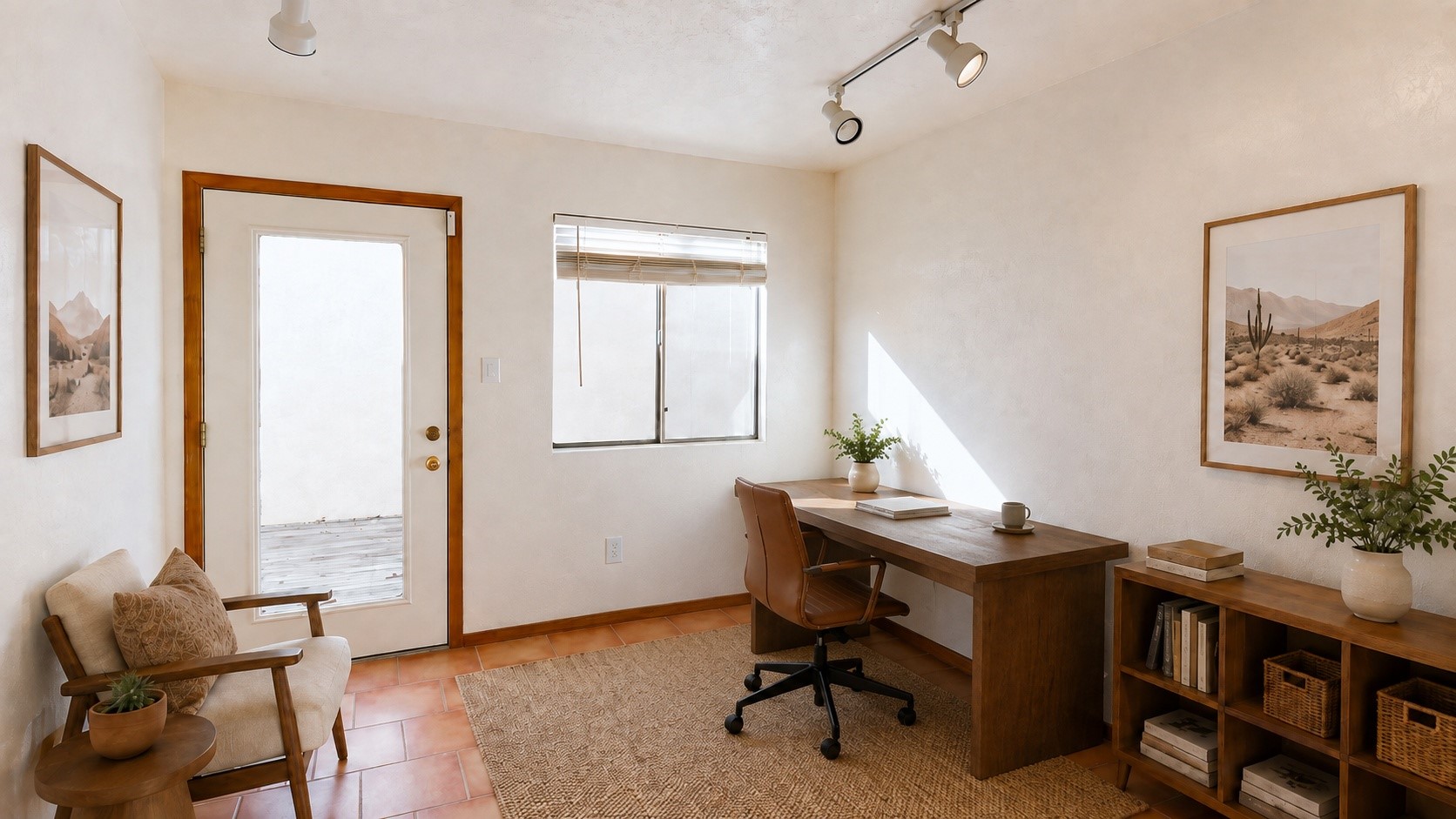 Staged home office with a wooden desk, open shelving, terracotta tile floor, and a glass-paneled door.