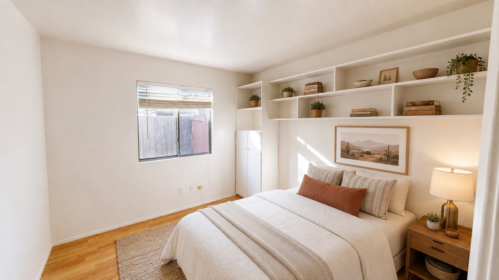 Furnished bedroom with built-in shelves, a white bed, and warm wood floors.