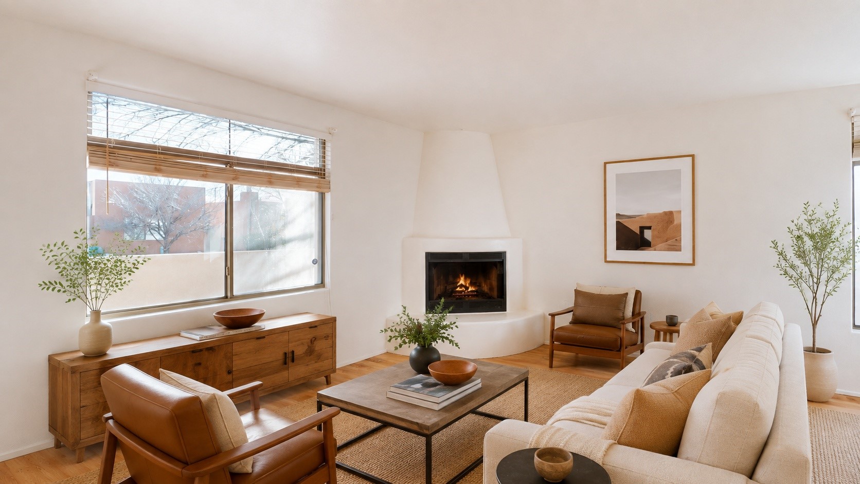 Staged living room with a sculptural fireplace, large windows, and warm wood furnishings.