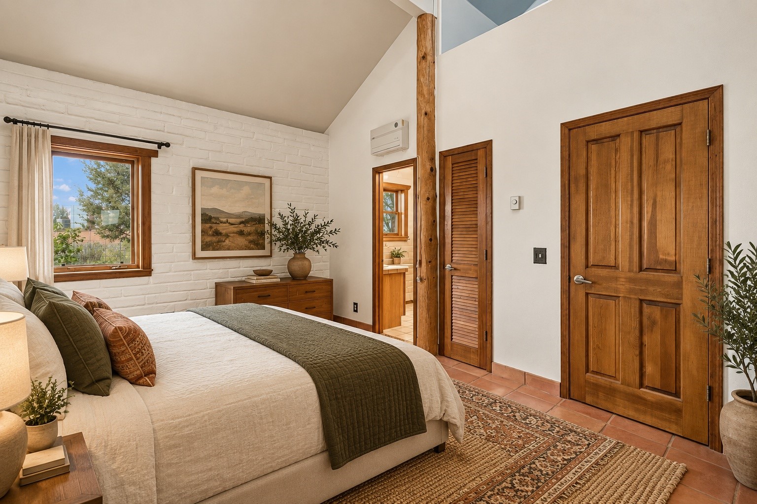 Bedroom with a white brick wall, wood doors, exposed timber post, and neutral bed linens.