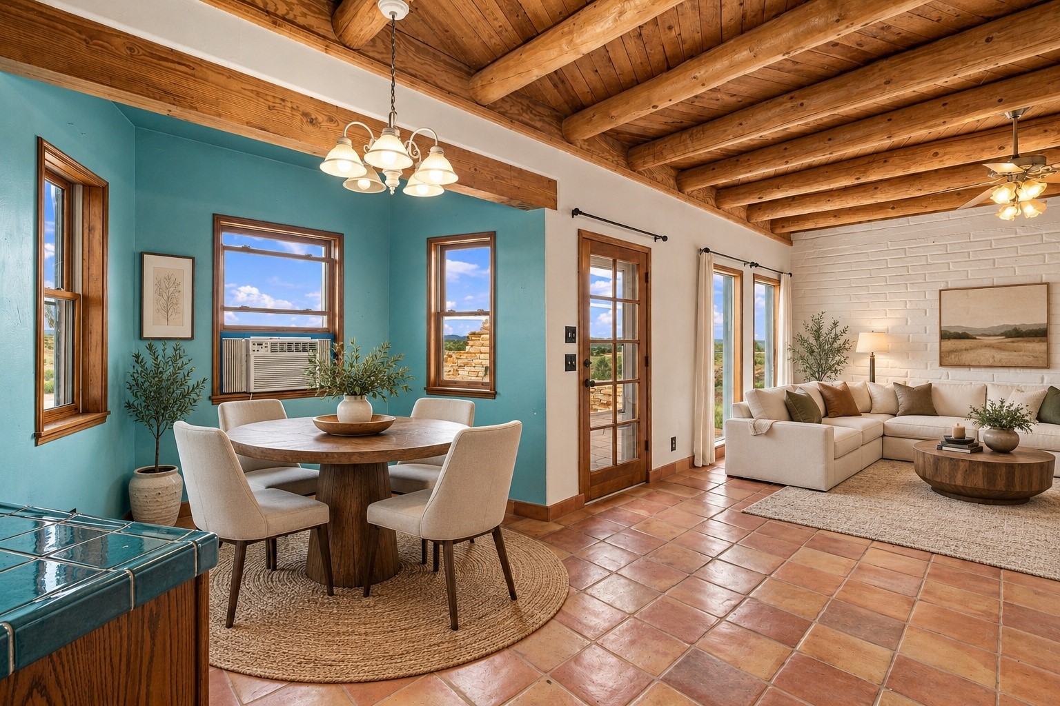 Open-plan dining and living room with turquoise walls, exposed timber beams, and terracotta tile floors.