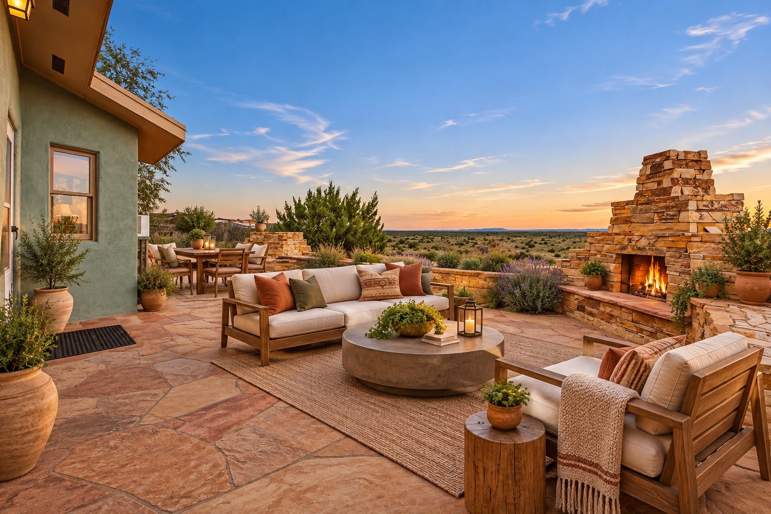 Furnished stone patio with lounge seating and a lit fireplace overlooking the desert at sunset.