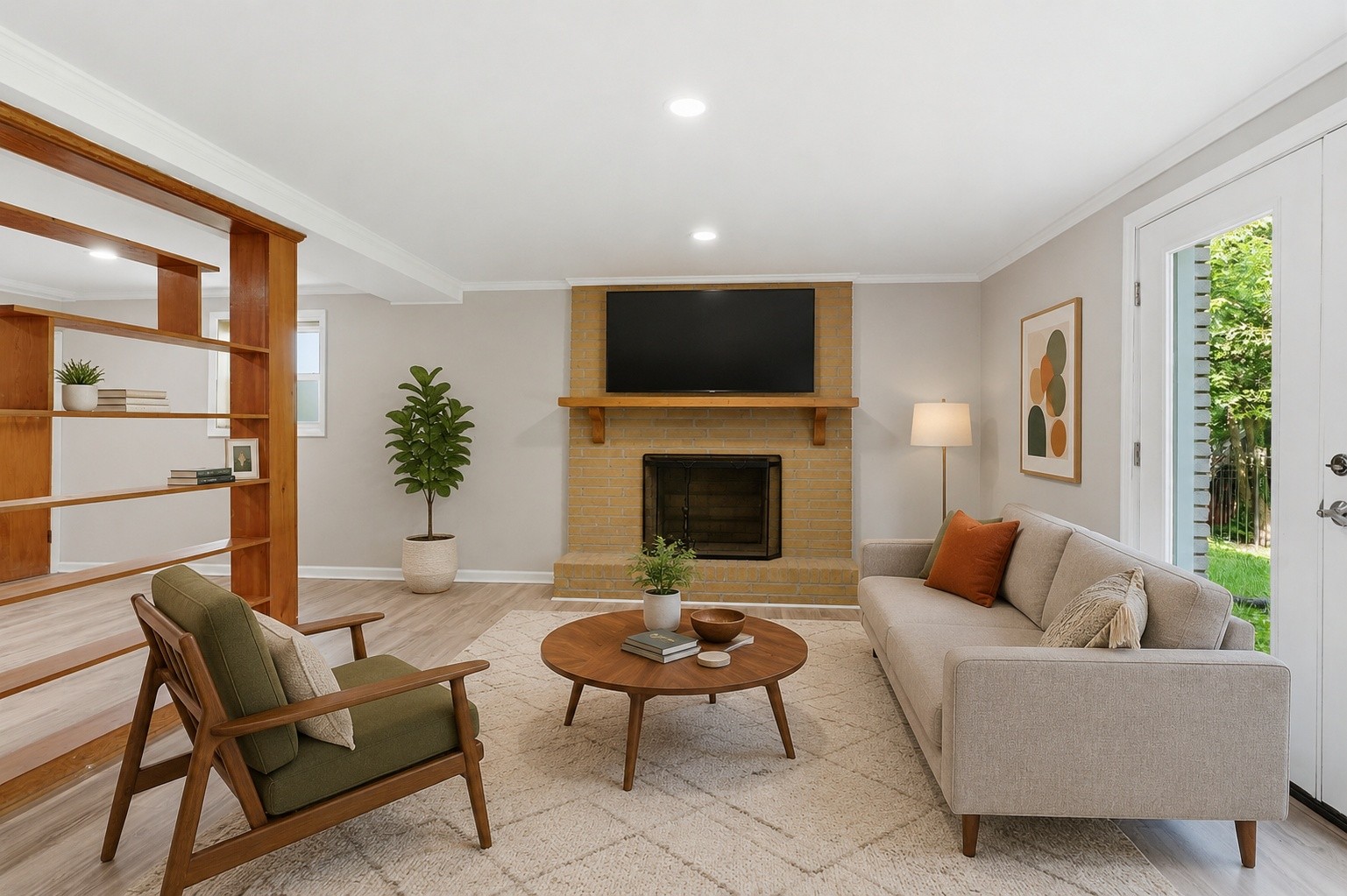 Staged living room with a brick fireplace, built-in wood shelving, and a doorway opening to greenery.