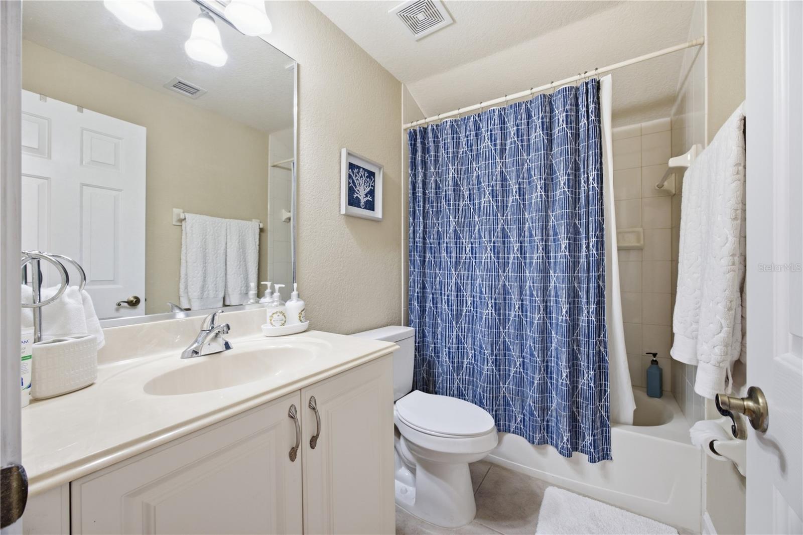 Bathroom with a white vanity and toilet beside a bathtub with a blue patterned shower curtain.