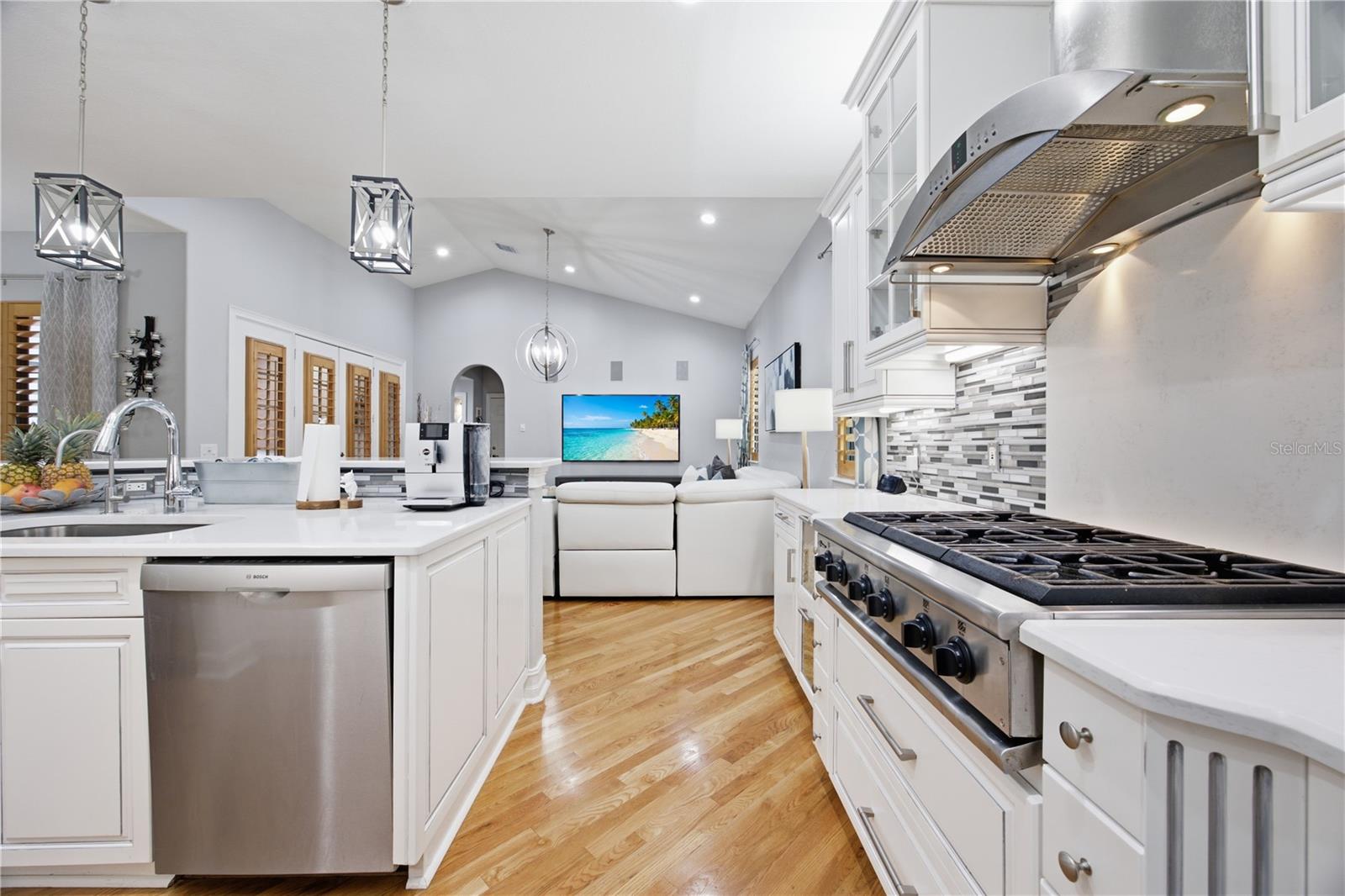 Open kitchen with white cabinetry, a large stainless steel range, and an island overlooking the living area.