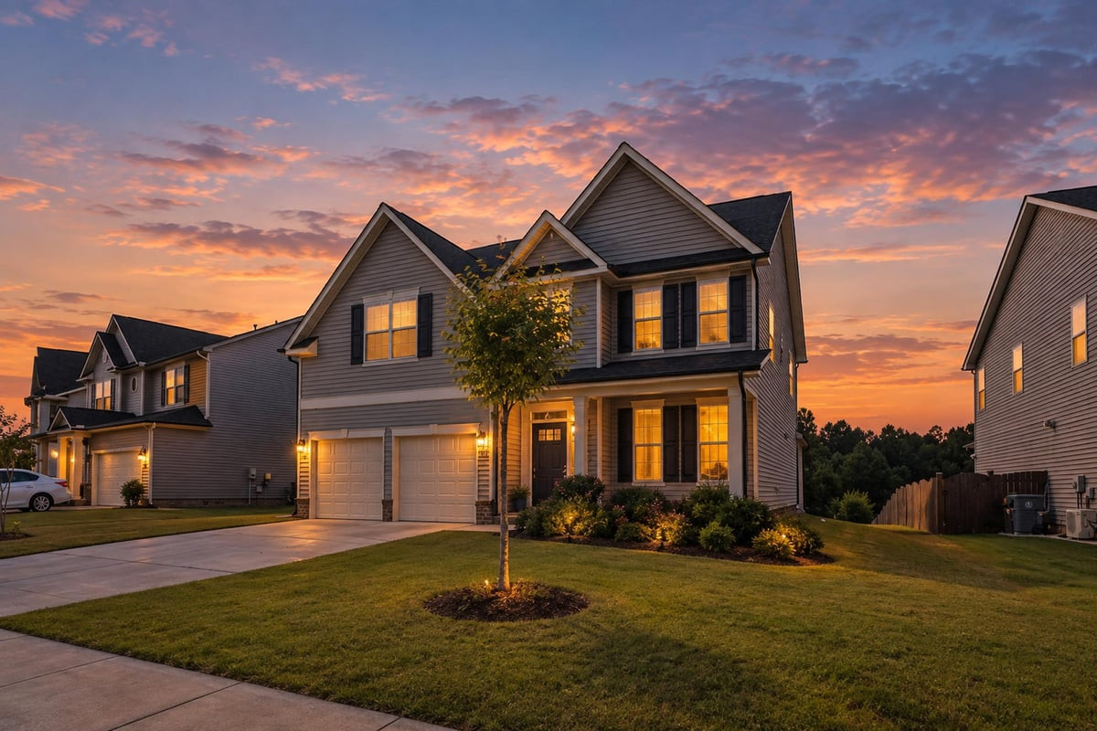 Gray two-story home with a double garage beneath a vivid sunset.