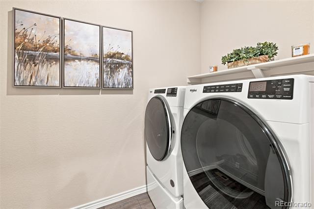 Laundry room with white front-loading washer and dryer beneath a shelf with a potted plant.